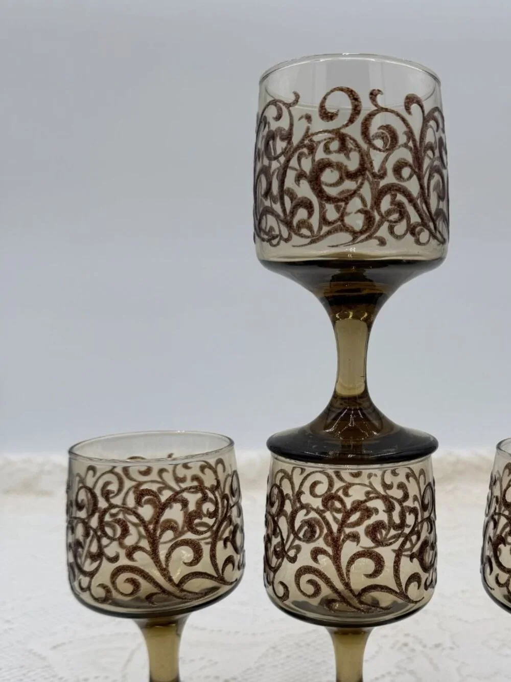 Vintage Amber Glass Goblets With Brown Swirl Design - Set Of 4 5.5